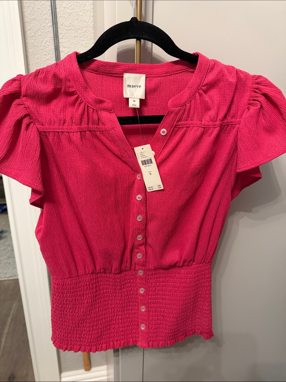 Maeve Hot Pink Button-Front Puff Sleeve Blouse